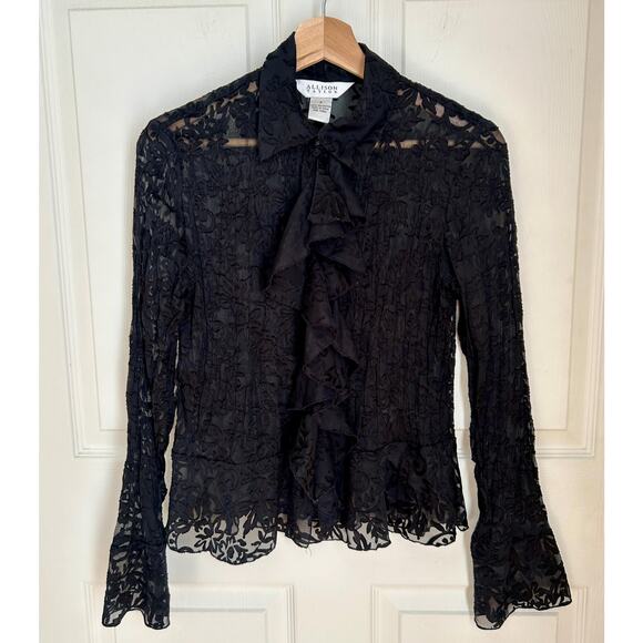 Vintage 90's Black Sheer Ruffled Long Sleeve Blouse Size Small | 90s Style - Picture 1 of 4